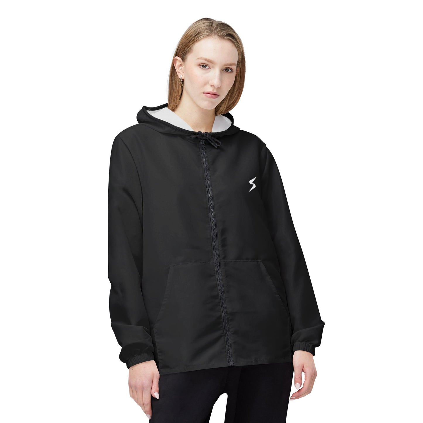 Minimal Lightning Windbreaker Jacket — Lightweight Black Hooded Shell