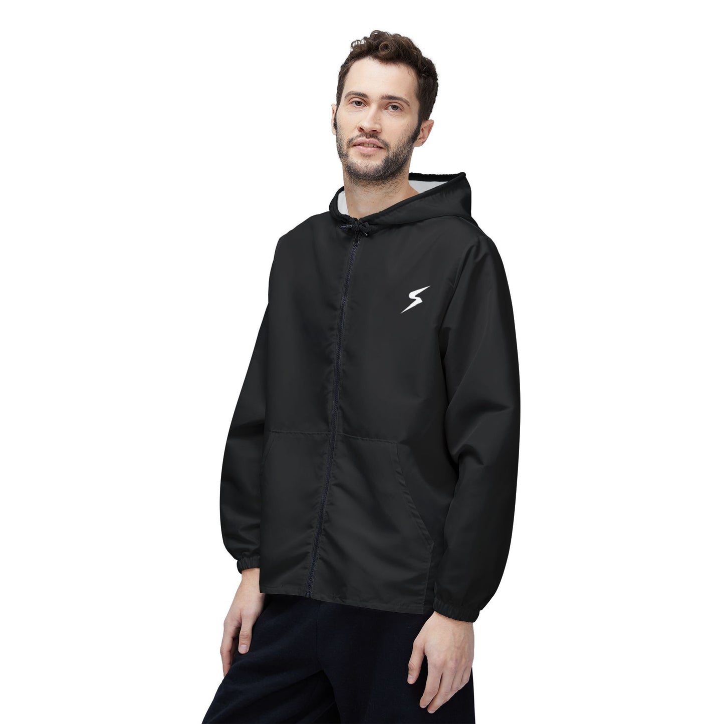 Minimal Lightning Windbreaker Jacket — Lightweight Black Hooded Shell
